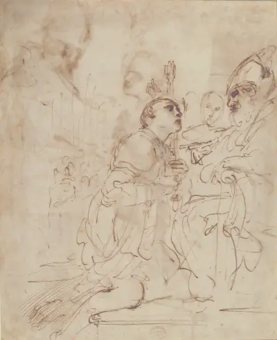 Ung man knäböjer inför en prelat av Guercino