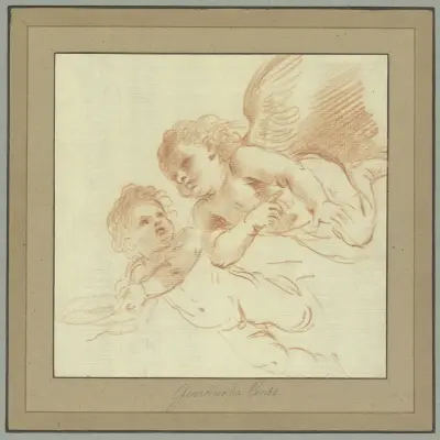 Två amoretto som flyger åt vänster av Guercino