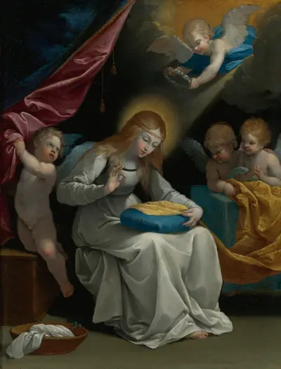 Jungfrun som syr, med fyra änglar (La Couseuse) av Guido Reni