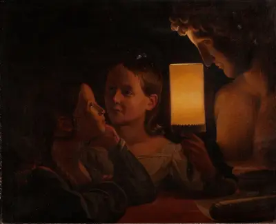 Two Children Illuminating a Sculpted Bust av Johan Gustaf Sandberg