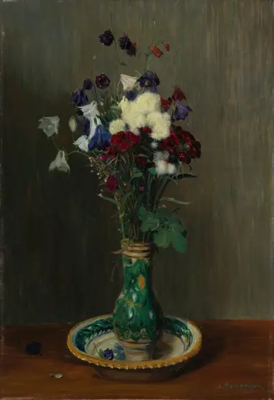 Akeleien und Nelken in grüner Vase av Gustav Kampmann