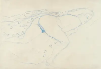 Auf dem Bauch liegender Akt nach rechts av Gustav Klimt