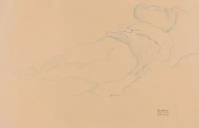 Auf dem Bauch liegender Halbakt nach rechts (Semi-Nude Lying on her Stomach turned to the Right), 1910 av Gustav Klimt