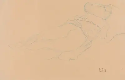 Auf dem Bauch liegender Halbakt nach rechts (Semi-nude Lying on her Stomach turned to the Right) – nr 1 av Gustav Klimt