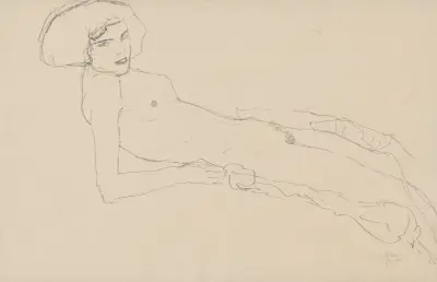 Aufgestützt liegender Akt av Gustav Klimt