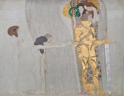 Beethovenfries; ‘Die Leiden der schwachen Menschheit’ und ‘Der wohlgerüstete Starke’ (Tafel 3, linke Langwand) av Gustav Klimt
