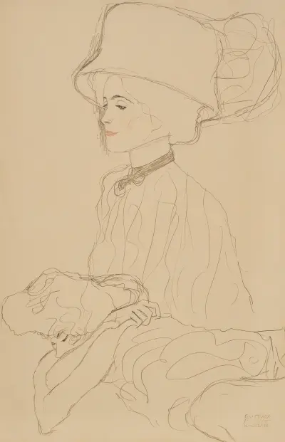 Bildnisskizze mit hohem Hut und liegende Frau av Gustav Klimt