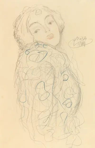 Lady portrait bust to the right, head turned to the front av Gustav Klimt