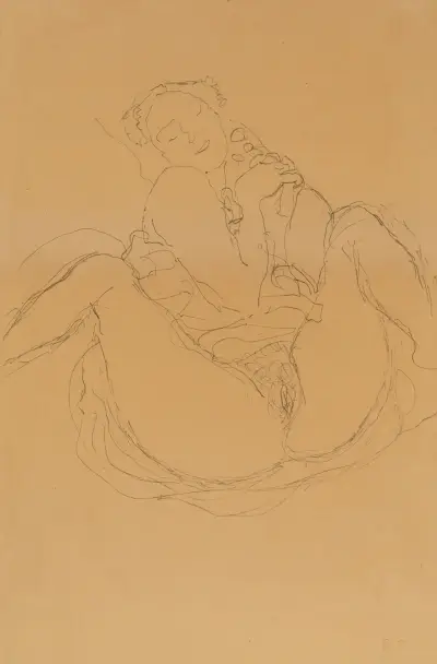 Mit verschränkten Händen sitzender Halbakt, 1914 – nr 1 av Gustav Klimt