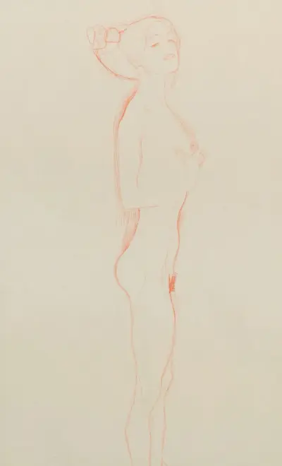 Naked Girl Standing, with Right Hand to Breast av Gustav Klimt