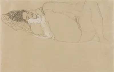 Reclining semi-nude facing left av Gustav Klimt