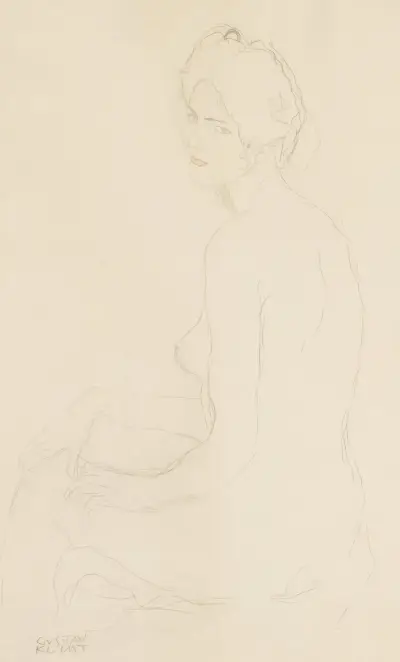 Sitzender Akt nach links (Seated Nude Turned to the Left) av Gustav Klimt