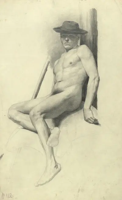 Sitzender männlicher Akt mit Hut av Gustav Klimt