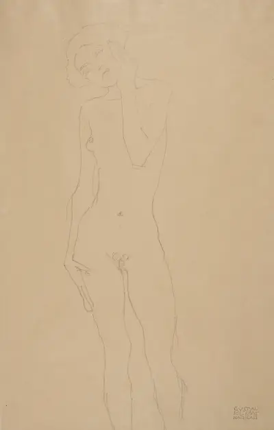 Stehender Mädchenakt von vorne av Gustav Klimt