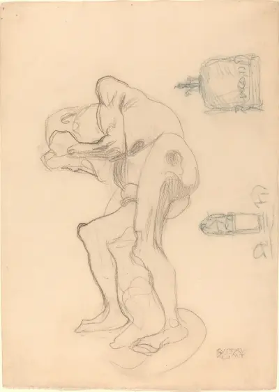 Study of a Nude Old Woman Clenching Her Fists, and Two Decorative Objects av Gustav Klimt