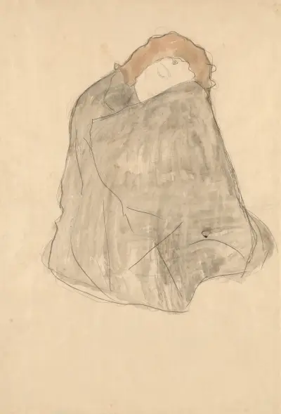 Zusammengekauert sitzende Frau, in dunklen Umhang gehüllt av Gustav Klimt