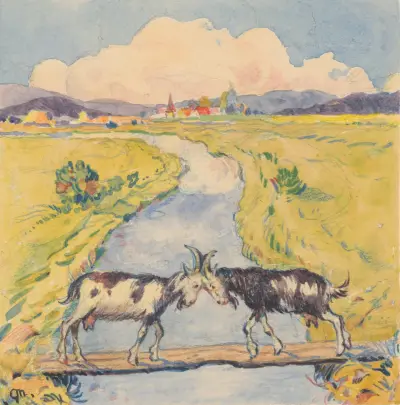 17. – Meeting of Two Goats on a Narrow Footbridge over a Brook av Gustáv Mallý