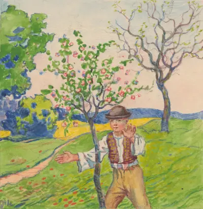 En pojke i en vårig fruktträdgård av Gustáv Mallý