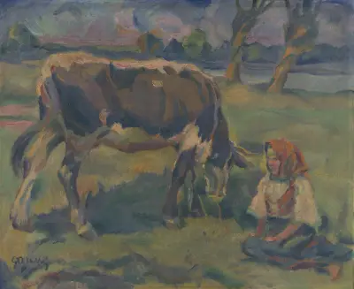 A Little Girl with a Cow av Gustáv Mallý