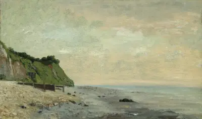 Cliffs on the Sea Coast; Small Beach, Sunrise (Falaise au bord de la mer, vu Petite Plage, soleil levant) av Gustave Courbet