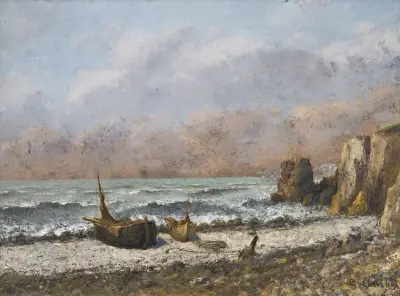 Deux bateaux sur la plage av Gustave Courbet