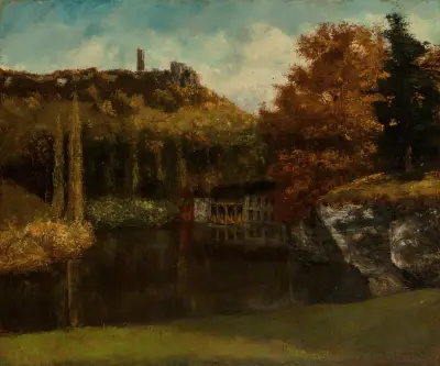 Le Lavoir (Vue et ruines du Château de Scey-en-Varais) av Gustave Courbet