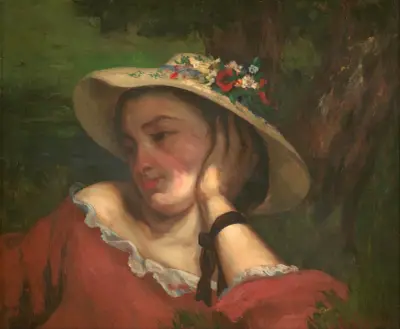 Young Ladies On The Bank Of The Seine – Fragment Of A Painting (Woman With Flowers On Her Hat) av Gustave Courbet