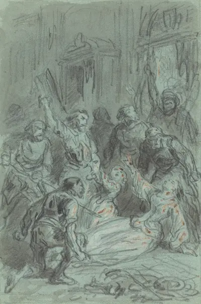En dramatisk scen med en svimande kvinna av Gustave Doré