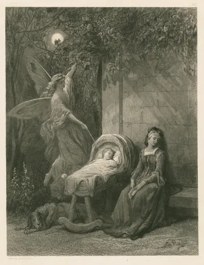 En liten fe kommer om natten och från månen fladdrar hon ned av Gustave Doré