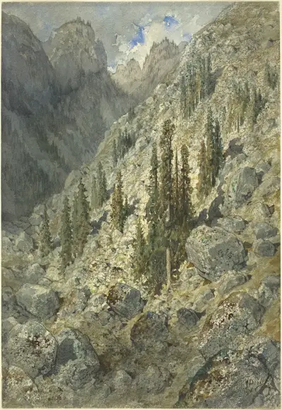 En alpdal med träd och stenblock av Gustave Doré