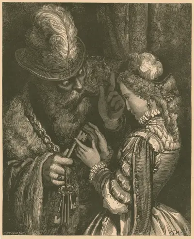 Blåskägg ger Fatima nycklarna av Gustave Doré