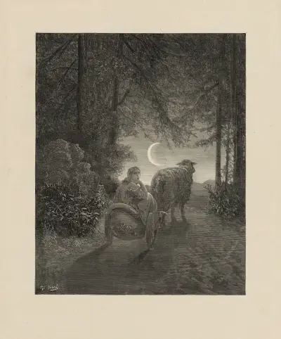 Hon gav sig av samma natt i en vacker kabriolet dragen av en stor bagge som kände alla vägar av Gustave Doré