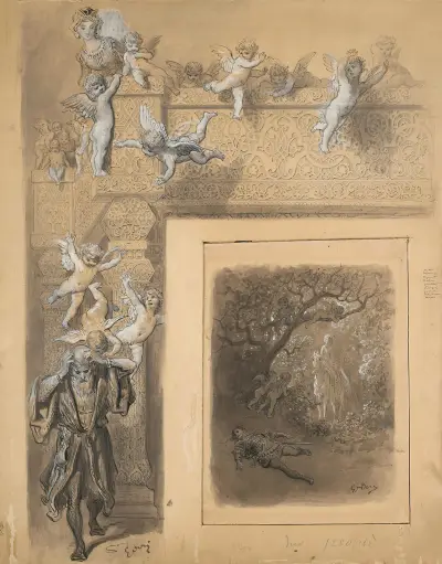Studie till Médor och Angélique ur Ariostos Rasande Roland av Gustave Doré
