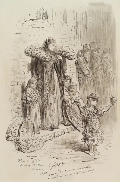 Blomsterflickor på Drury Lane, London av Gustave Doré