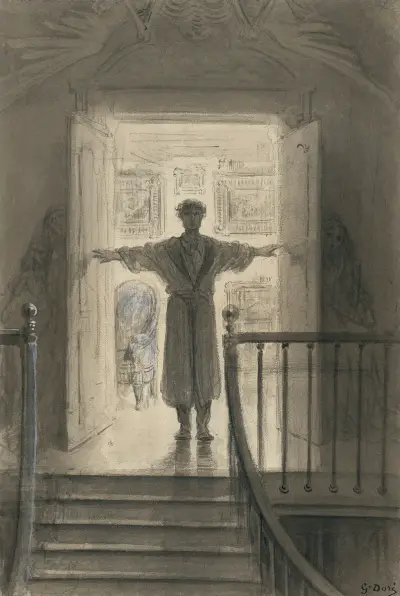 …här öppnade jag dörren på vid gavel; mörker där och intet mer av Gustave Doré