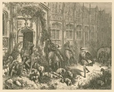 Kühne Jäger kehren von der Jagd zurück, schnarchend mit den Hörnern an den Lippen von Gustave Doré
