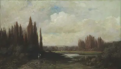 Landskap med ryttare vid en damm av Gustave Doré