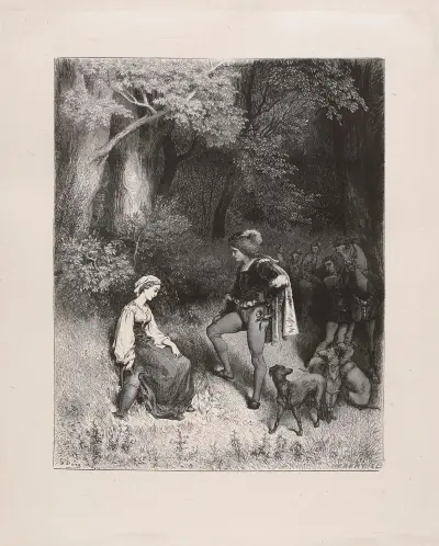 Kungasonen som återvände från jakten mötte henne och frågade vad hon gjorde där helt ensam och vad hon hade att gråta över av Gustave Doré