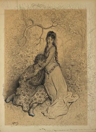 Roger omfamnad av Bradamante av Gustave Doré