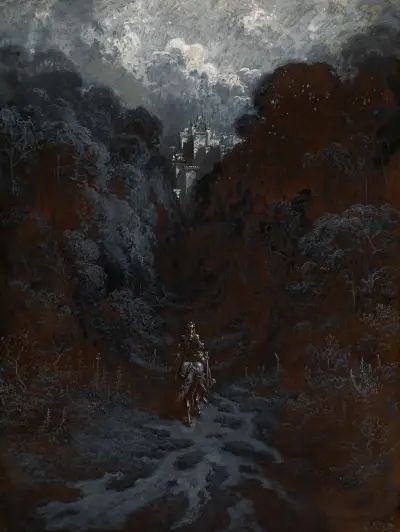 Sir Lancelot närmar sig slottet Astolat av Gustave Doré