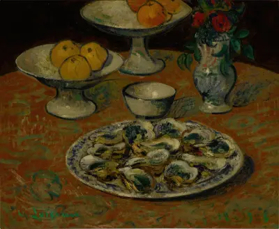 Stilleben, ostron, frukt och blommor av Gustave Loiseau