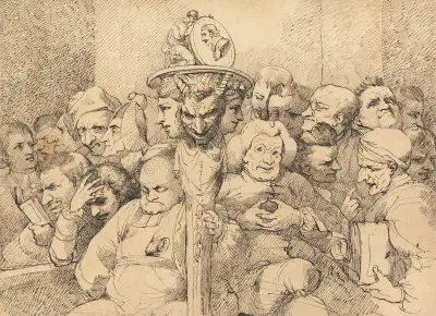 Litterära karaktärer samlade kring Shakespeares medaljong av John Hamilton Mortimer