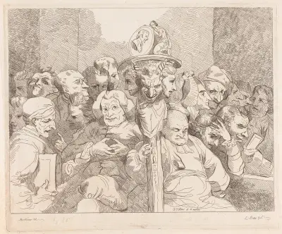 Litterära karaktärer samlade kring Shakespeares medaljong av John Hamilton Mortimer