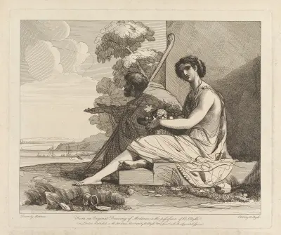 Man in Cloak and Woman with Fruit Seated, Overlooking a Bay av John Hamilton Mortimer