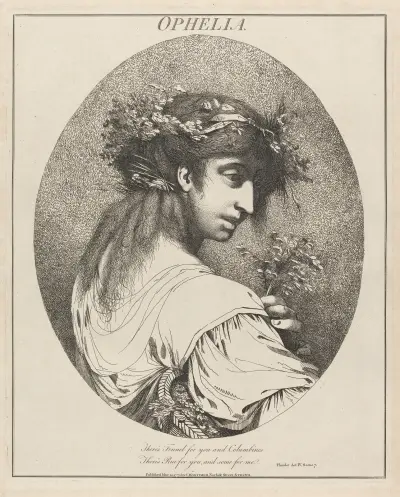 Ophelia, från Hamlet, akt IV, scen 7 av John Hamilton Mortimer