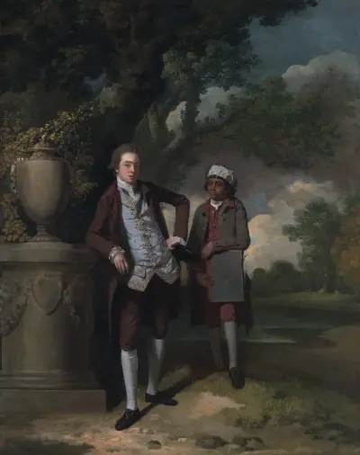 Porträtt av en man och en medhjälpare bärande på en portfölj av John Hamilton Mortimer