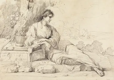 Liggande kvinnofigur i italienskt landskap av John Hamilton Mortimer