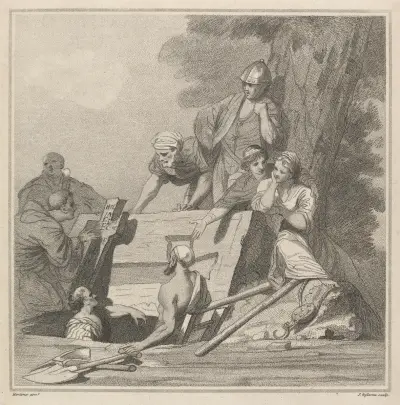 The Discovery of Prince Arthur’s Tomb by the Inscription on the Leaden Cross av John Hamilton Mortimer