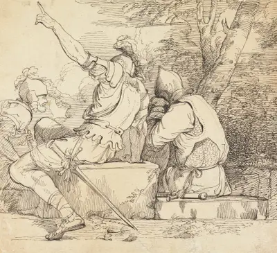 Three Soldiers in Armour Sitting on Stone Blocks av John Hamilton Mortimer
