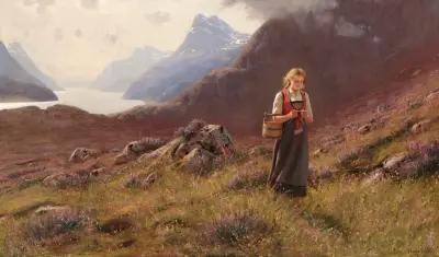 A girl knitting in a Norwegian landscape av Hans Dahl